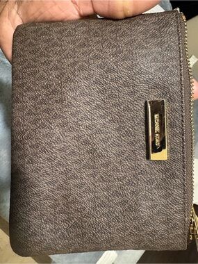 Michael Kors Dark Brown Leather Zip Card Wallet with Gold Plaque waistband